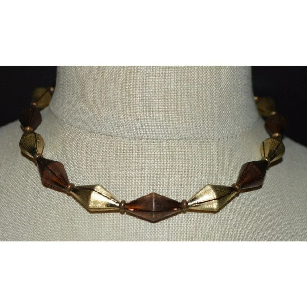 Roman Signed Textured Dual Gold Tone Diamond Shape Bead Choker Necklace Vintage